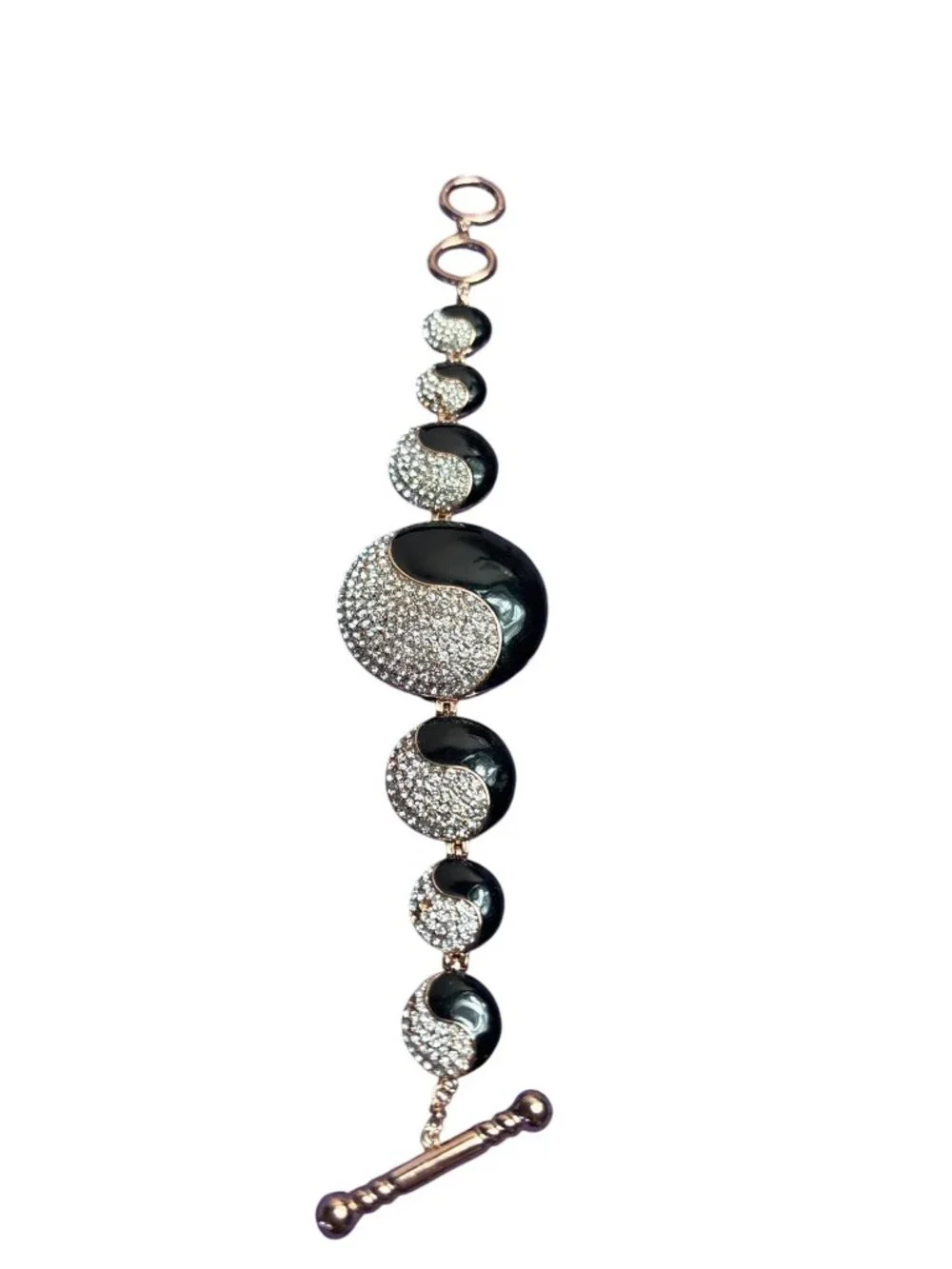 AKKAD China Yin Yang Bracelet Clear Rhinestone Pave Black Enamel Flawed